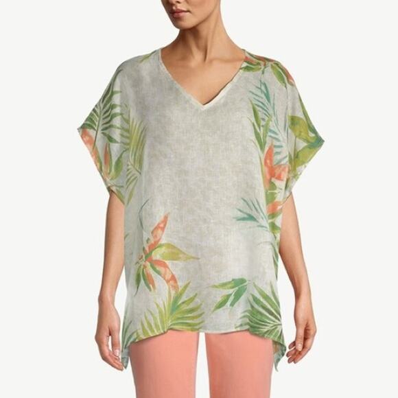 CHICOS Linen Palm Frond Printed Tunic Poncho S/M NWT - Picture 2 of 8